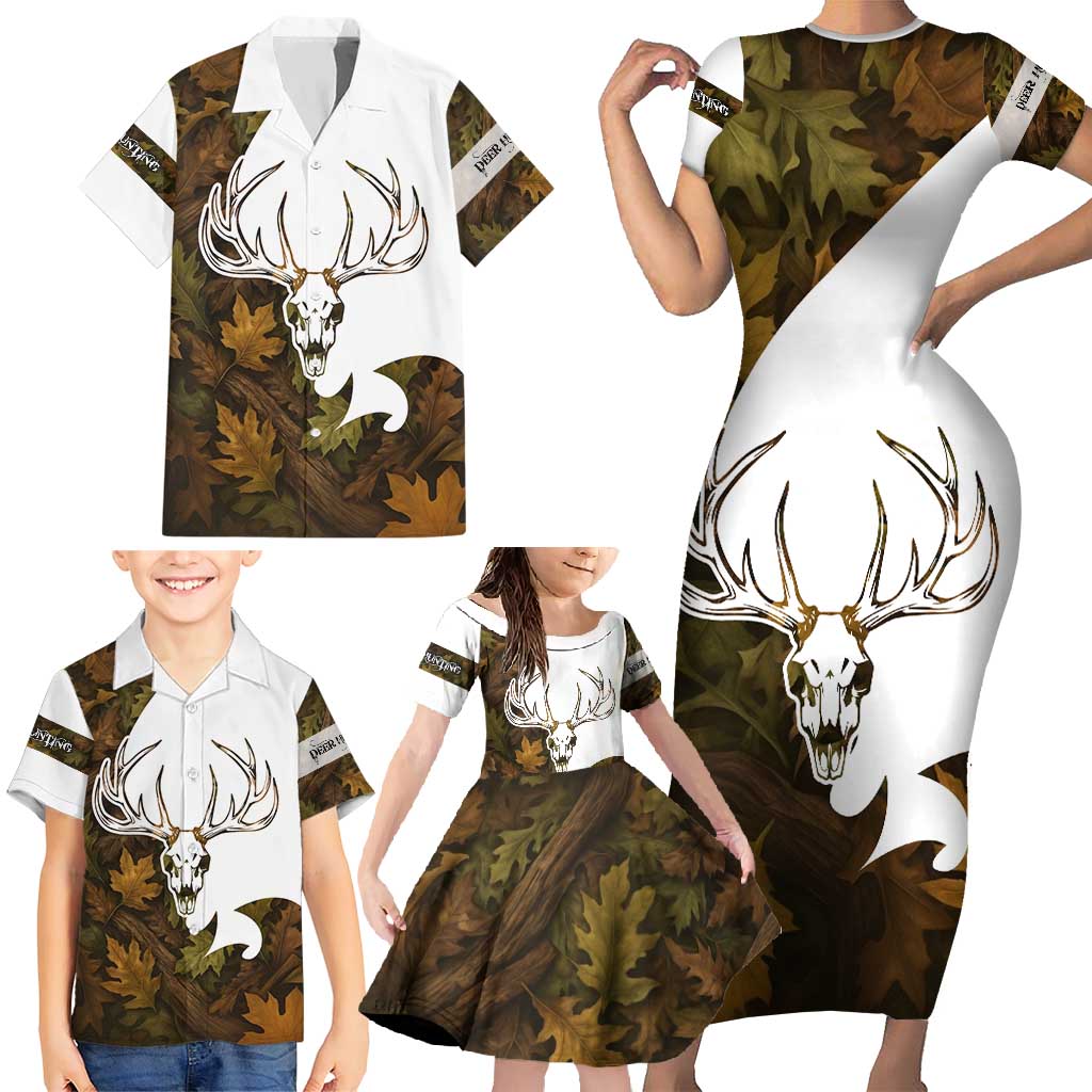 Custom Deer Hunting Skull Family Matching Short Sleeve Bodycon Dress and Hawaiian Shirt with Antlers Graphic on Autumn Leaf Camo Background - Wonder Print Shop