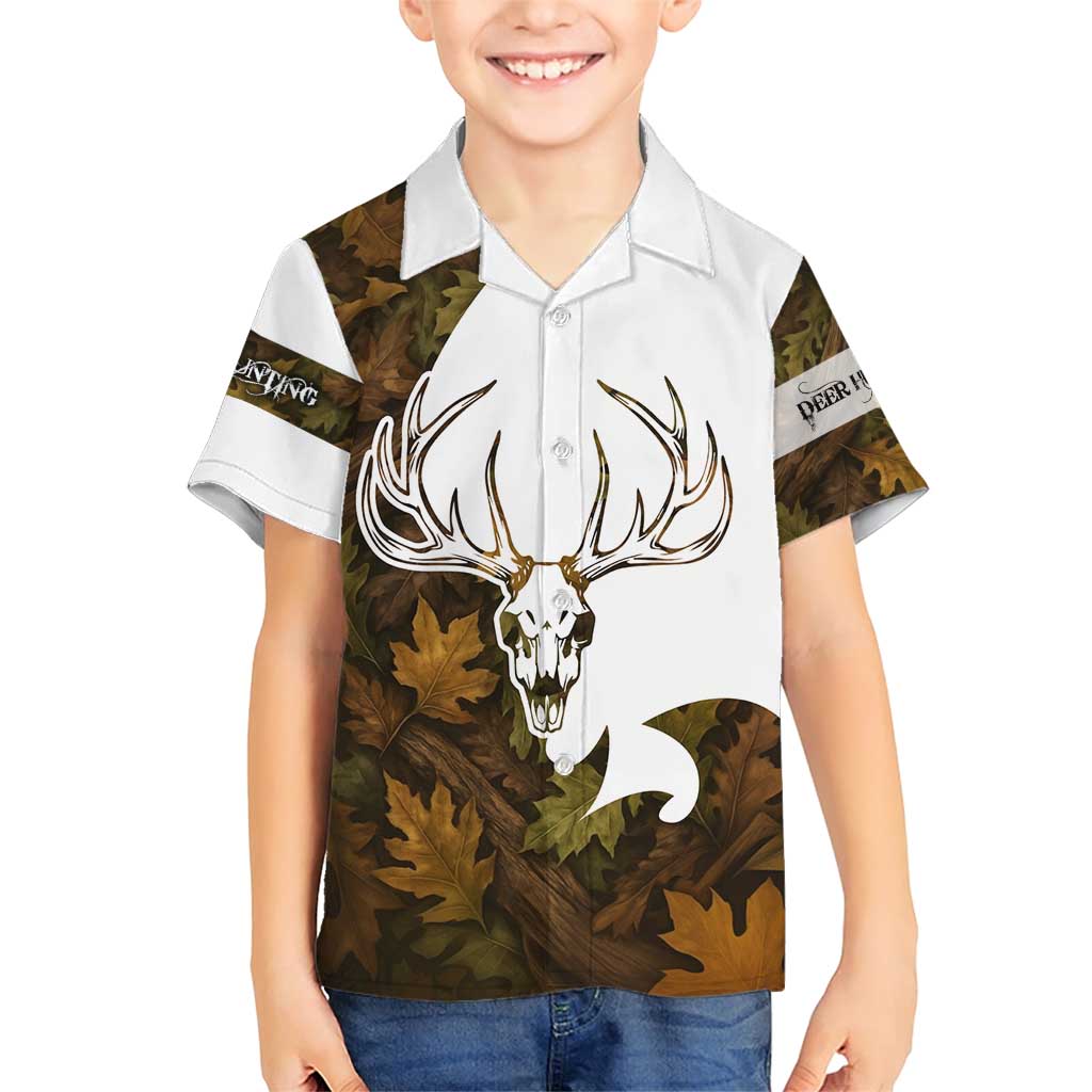 Custom Deer Hunting Skull Family Matching Short Sleeve Bodycon Dress and Hawaiian Shirt with Antlers Graphic on Autumn Leaf Camo Background - Wonder Print Shop