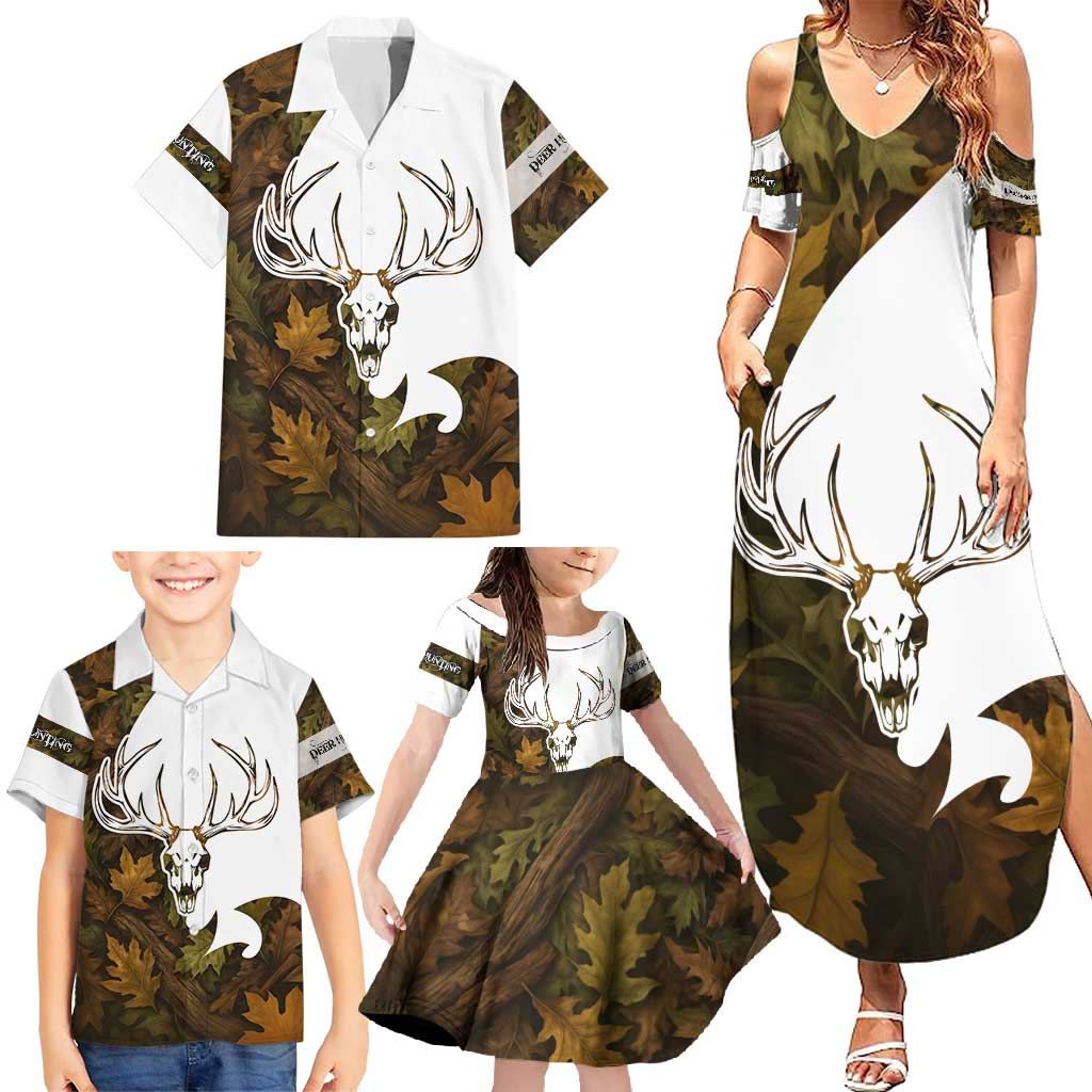 Custom Deer Hunting Skull Family Matching Summer Maxi Dress and Hawaiian Shirt with Antlers Graphic on Autumn Leaf Camo Background - Wonder Print Shop