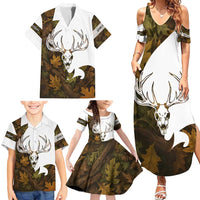 Custom Deer Hunting Skull Family Matching Summer Maxi Dress and Hawaiian Shirt with Antlers Graphic on Autumn Leaf Camo Background - Wonder Print Shop