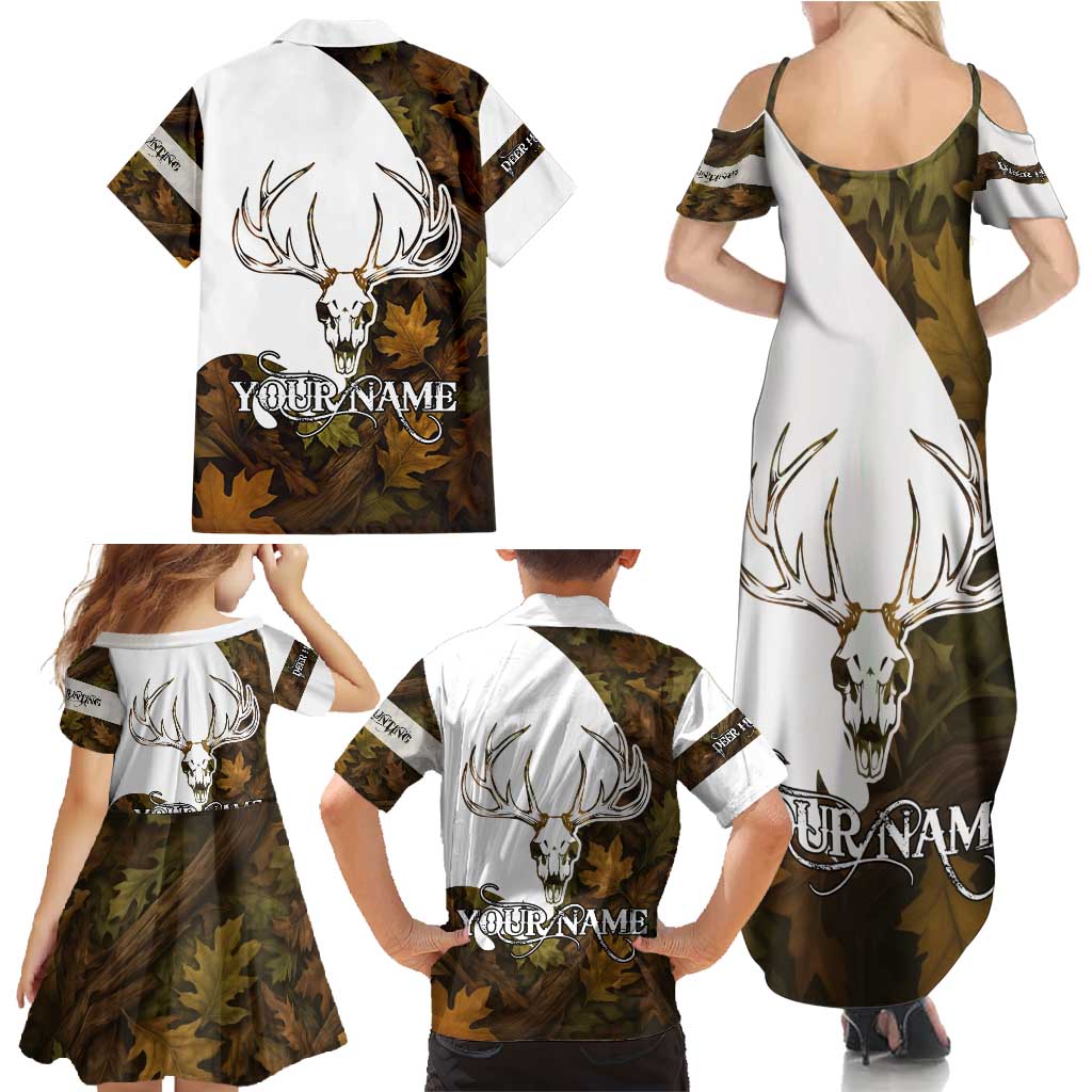 Custom Deer Hunting Skull Family Matching Summer Maxi Dress and Hawaiian Shirt with Antlers Graphic on Autumn Leaf Camo Background - Wonder Print Shop