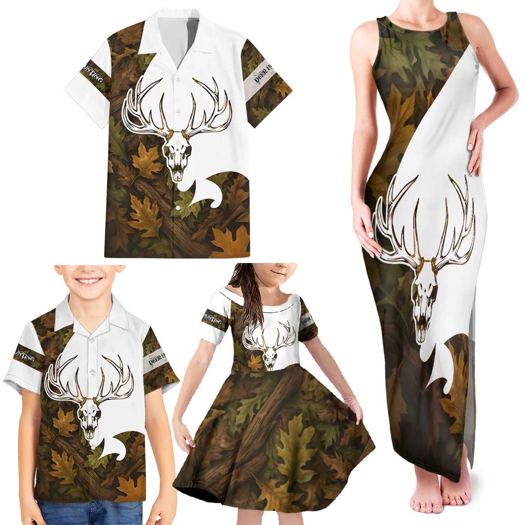 Custom Deer Hunting Skull Family Matching Tank Maxi Dress and Hawaiian Shirt with Antlers Graphic on Autumn Leaf Camo Background - Wonder Print Shop