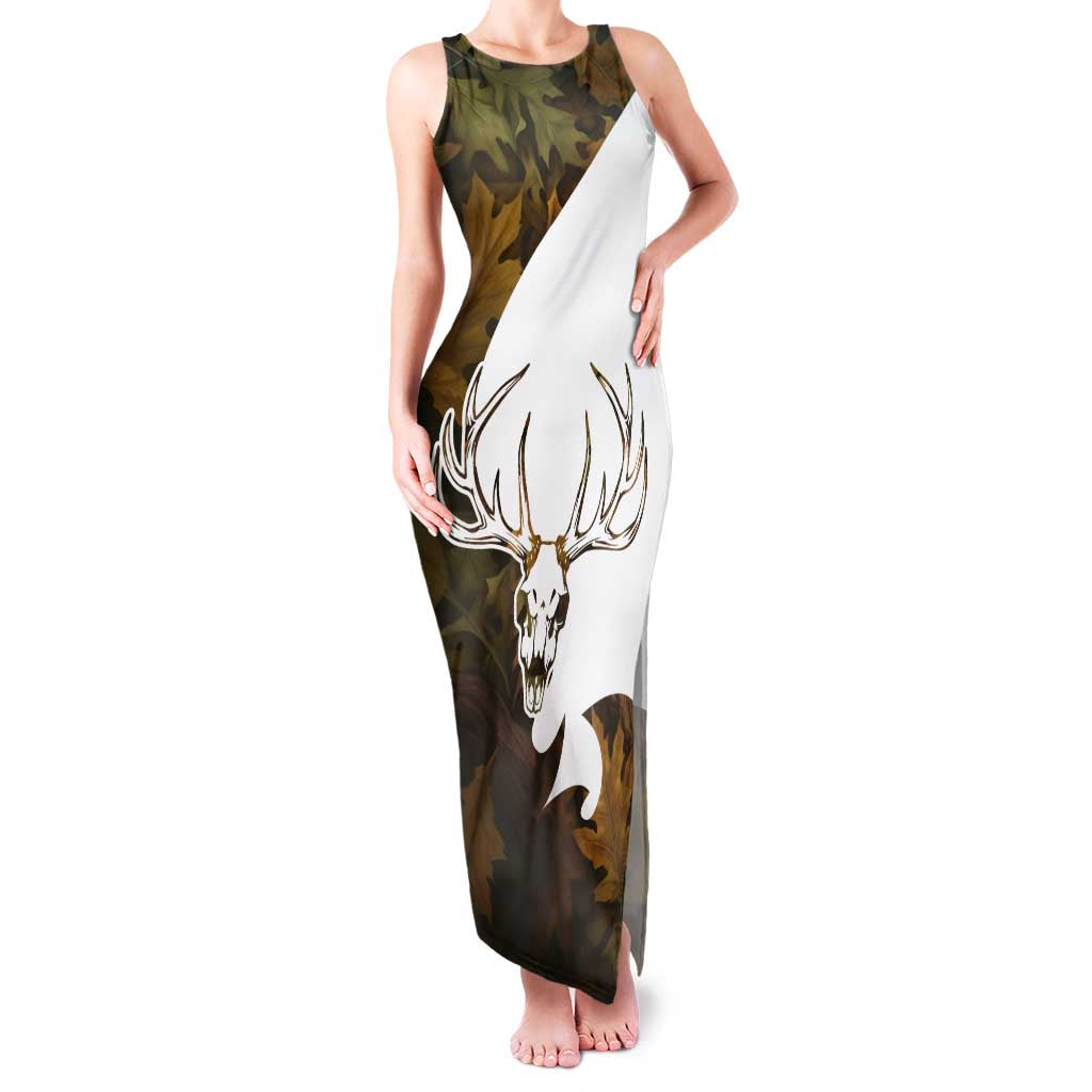 Custom Deer Hunting Skull Family Matching Tank Maxi Dress and Hawaiian Shirt with Antlers Graphic on Autumn Leaf Camo Background - Wonder Print Shop