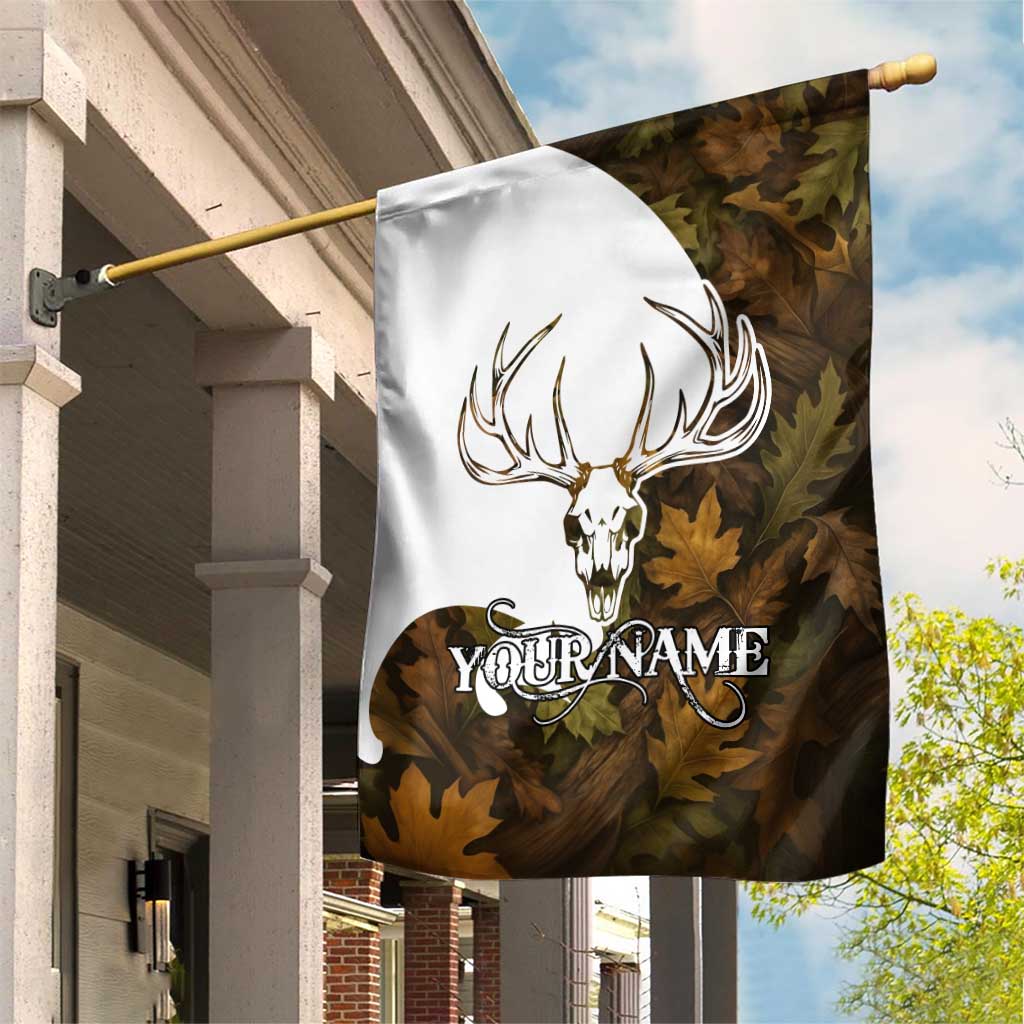 Custom Deer Hunting Skull Garden Flag with Antlers Graphic on Autumn Leaf Camo Background - Wonder Print Shop