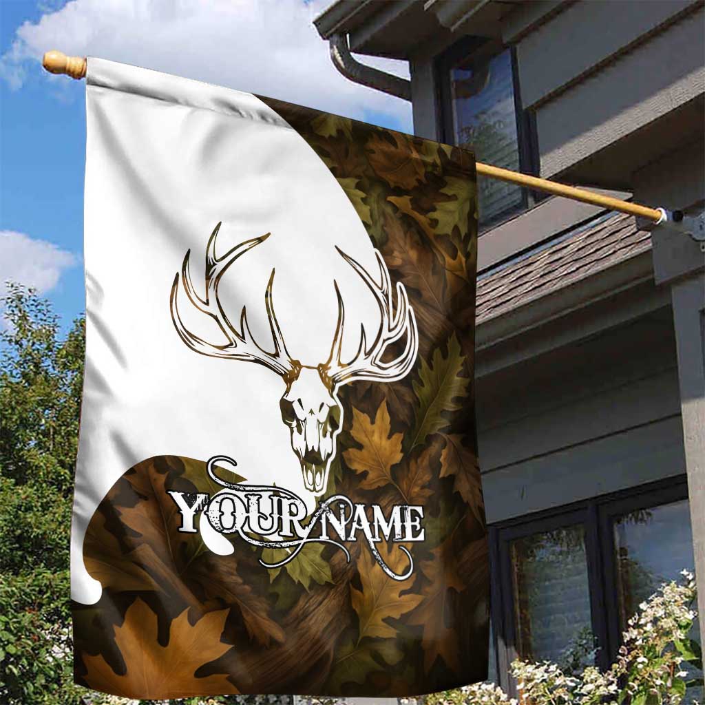 Custom Deer Hunting Skull Garden Flag with Antlers Graphic on Autumn Leaf Camo Background - Wonder Print Shop