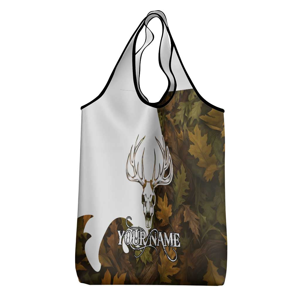 Custom Deer Hunting Skull Grocery Bag with Antlers Graphic on Autumn Leaf Camo Background - Wonder Print Shop