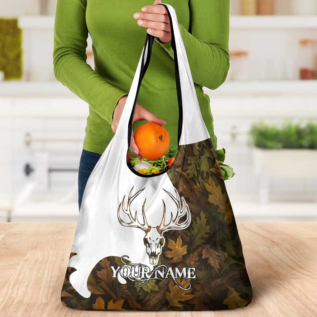 Custom Deer Hunting Skull Grocery Bag with Antlers Graphic on Autumn Leaf Camo Background - Wonder Print Shop