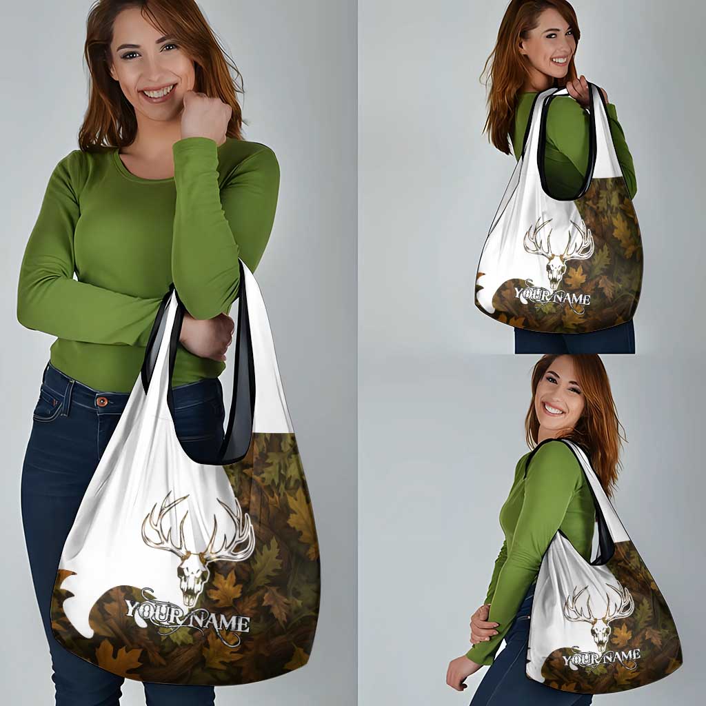 Custom Deer Hunting Skull Grocery Bag with Antlers Graphic on Autumn Leaf Camo Background - Wonder Print Shop