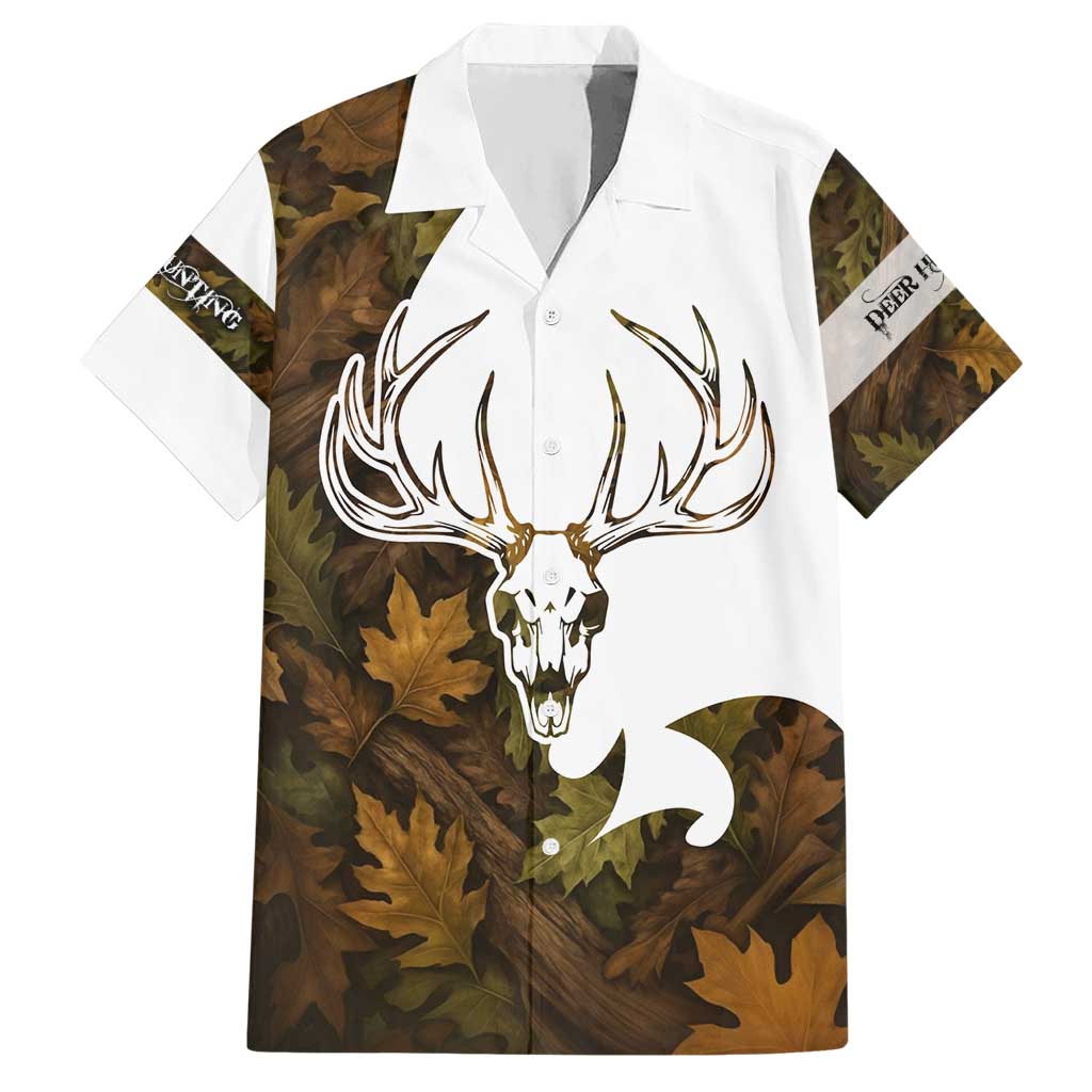 Custom Deer Hunting Skull Hawaiian Shirt with Antlers Graphic on Autumn Leaf Camo Background - Wonder Print Shop