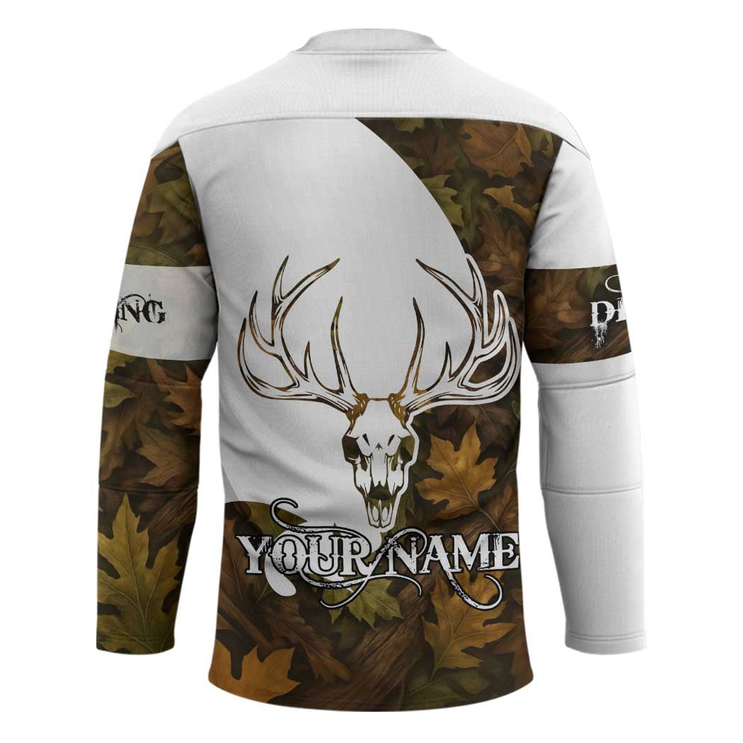 Custom Deer Hunting Skull Hockey Jersey with Antlers Graphic on Autumn Leaf Camo Background - Wonder Print Shop