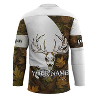 Custom Deer Hunting Skull Hockey Jersey with Antlers Graphic on Autumn Leaf Camo Background - Wonder Print Shop