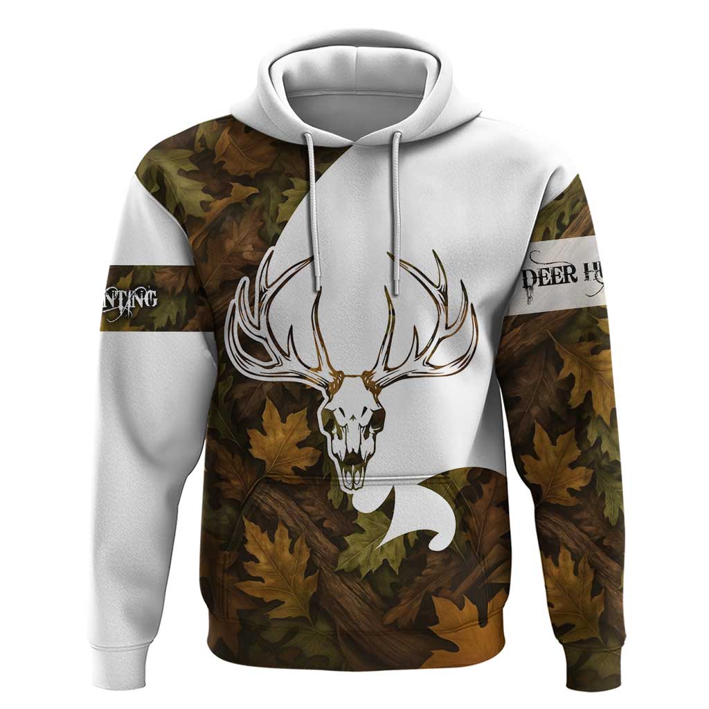 Custom Deer Hunting Skull Hoodie with Antlers Graphic on Autumn Leaf Camo Background - Wonder Print Shop