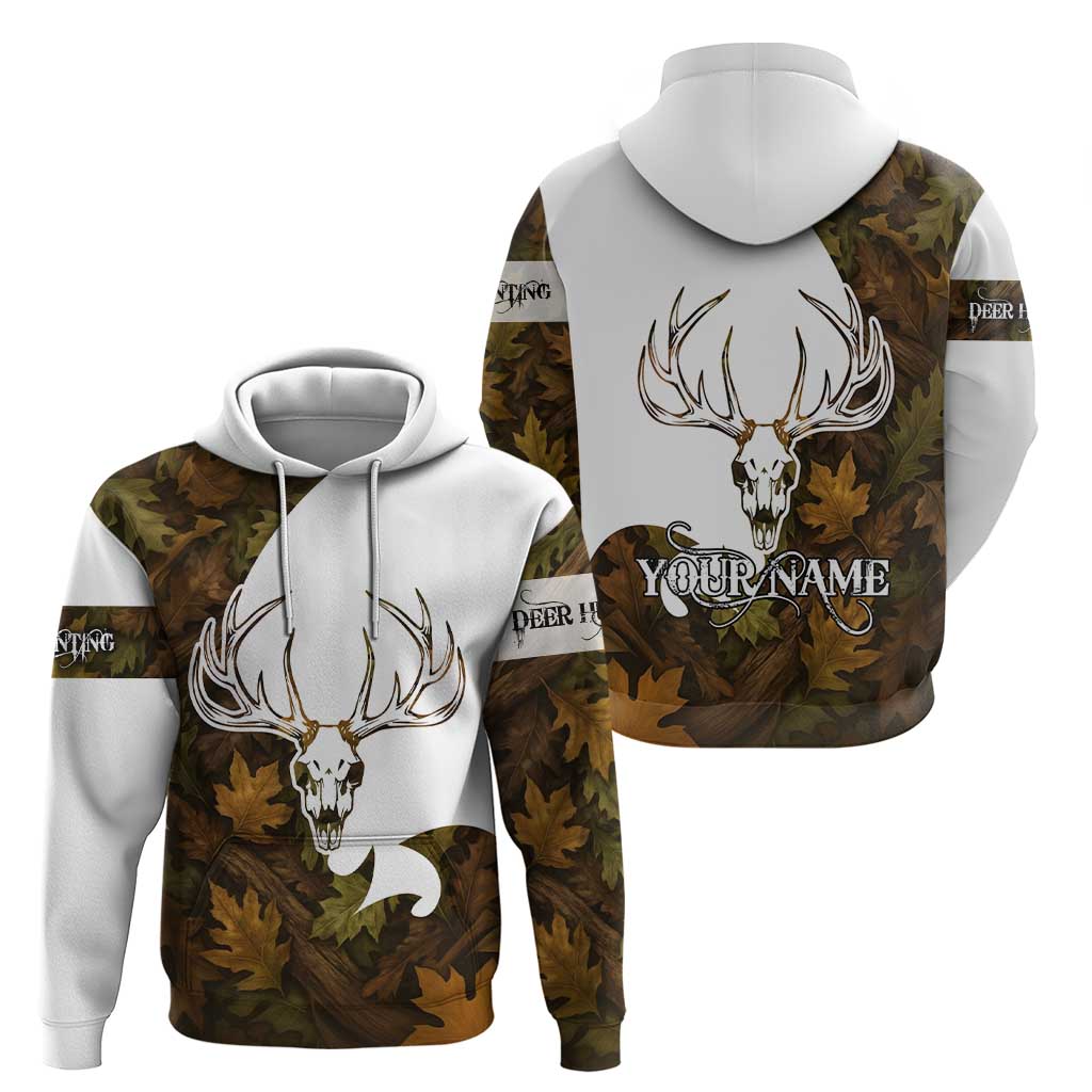 Custom Deer Hunting Skull Hoodie with Antlers Graphic on Autumn Leaf Camo Background - Wonder Print Shop