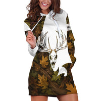 Custom Deer Hunting Skull Hoodie Dress with Antlers Graphic on Autumn Leaf Camo Background - Wonder Print Shop