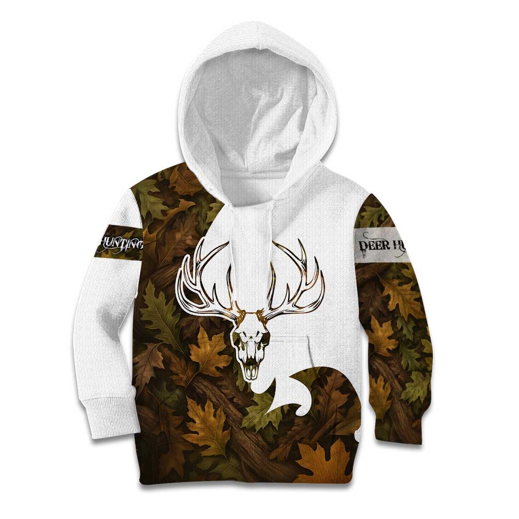 Custom Deer Hunting Skull Kid Hoodie with Antlers Graphic on Autumn Leaf Camo Background - Wonder Print Shop
