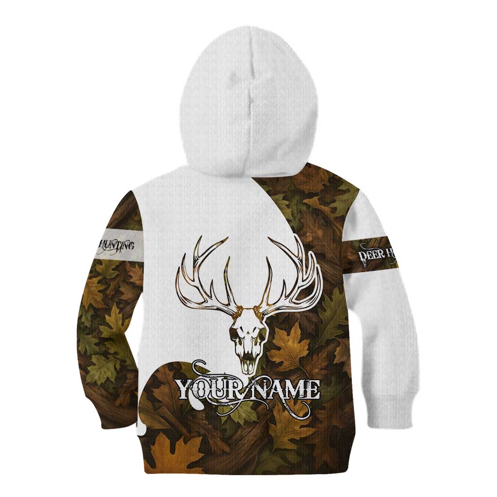 Custom Deer Hunting Skull Kid Hoodie with Antlers Graphic on Autumn Leaf Camo Background - Wonder Print Shop