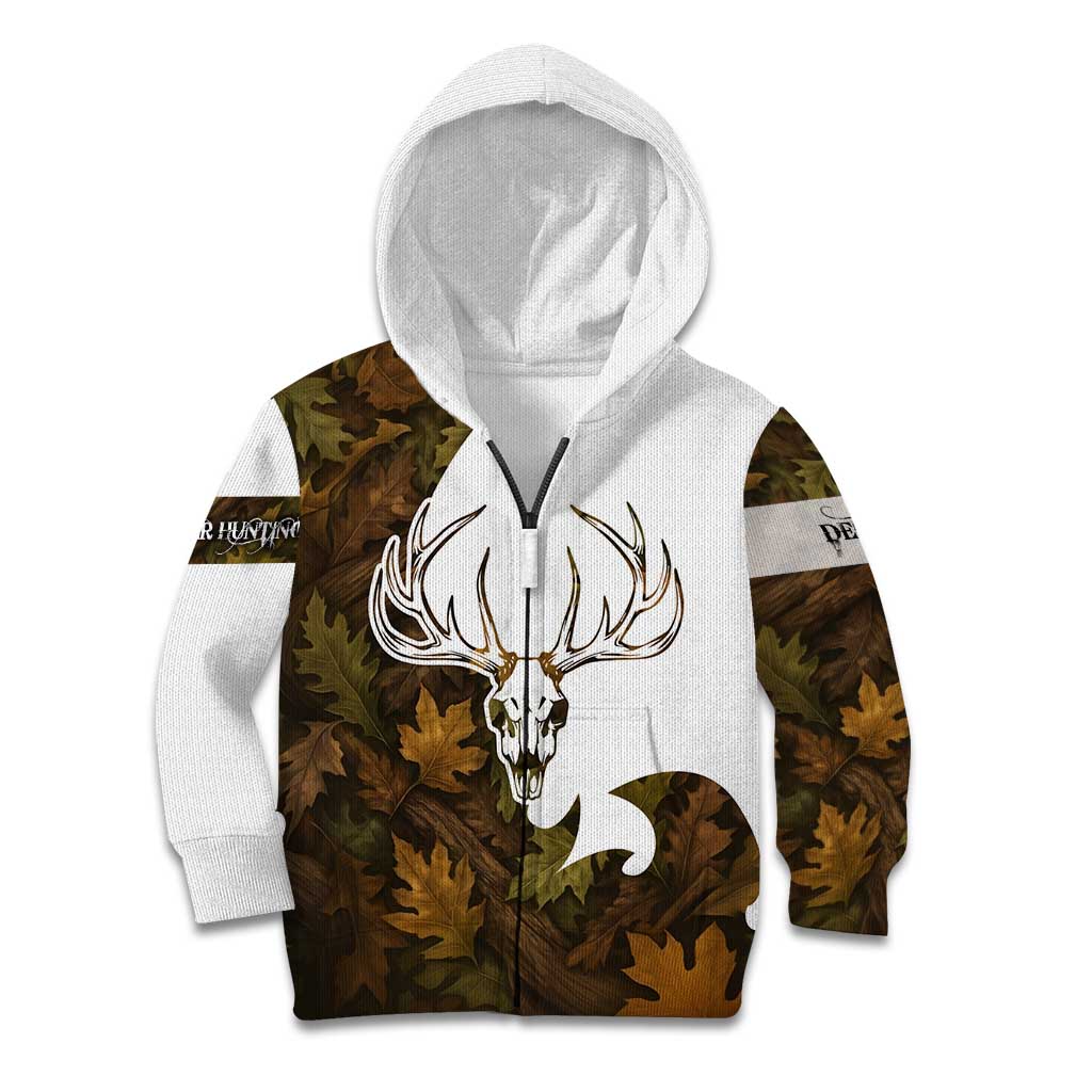 Custom Deer Hunting Skull Kid Hoodie with Antlers Graphic on Autumn Leaf Camo Background - Wonder Print Shop