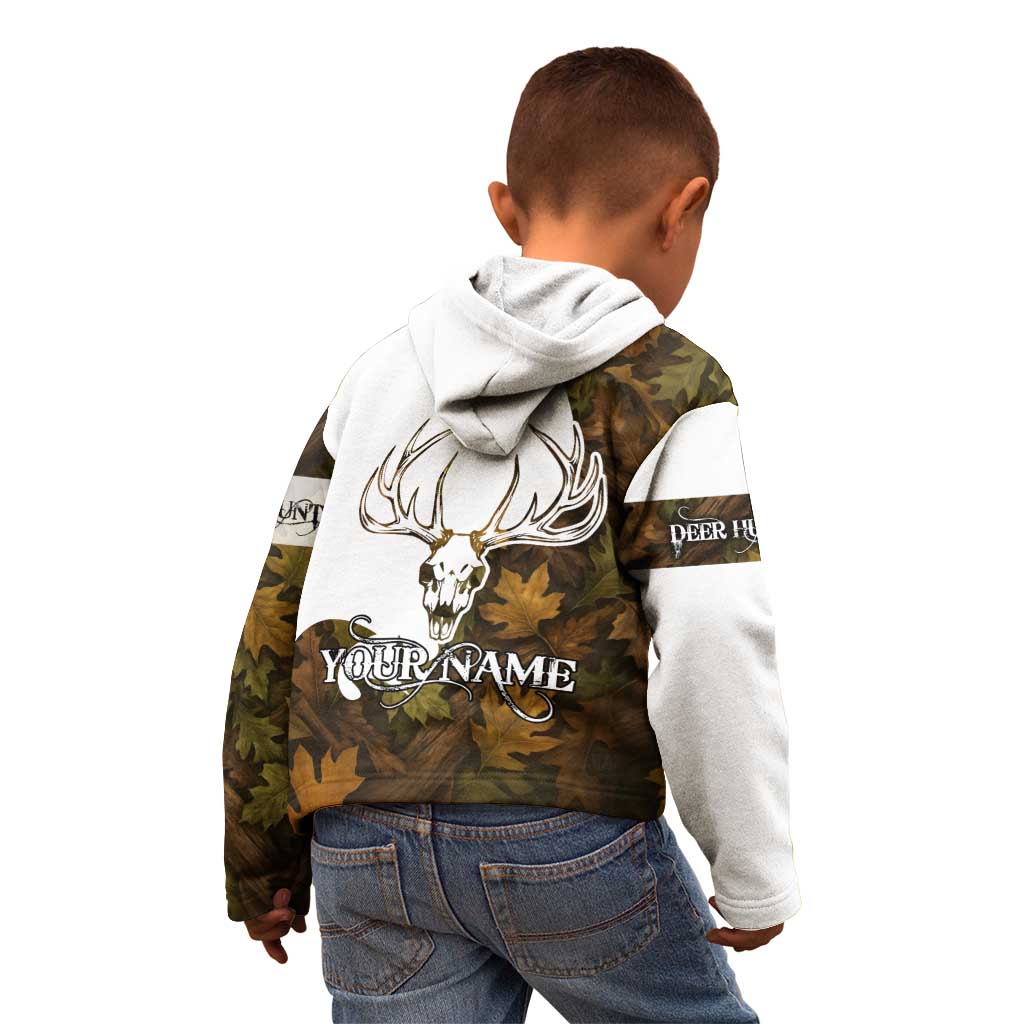 Custom Deer Hunting Skull Kid Hoodie with Antlers Graphic on Autumn Leaf Camo Background - Wonder Print Shop