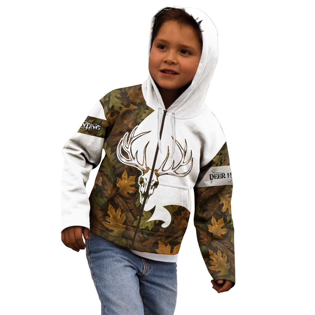 Custom Deer Hunting Skull Kid Hoodie with Antlers Graphic on Autumn Leaf Camo Background - Wonder Print Shop