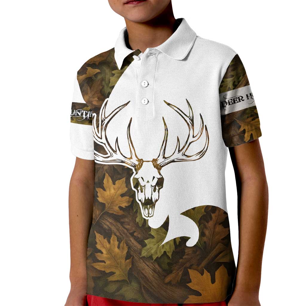 Custom Deer Hunting Skull Kid Polo Shirt with Antlers Graphic on Autumn Leaf Camo Background - Wonder Print Shop