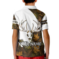 Custom Deer Hunting Skull Kid Polo Shirt with Antlers Graphic on Autumn Leaf Camo Background - Wonder Print Shop