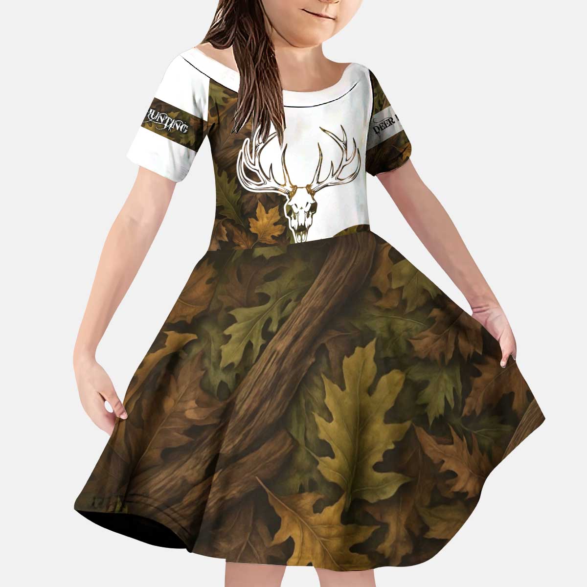 Custom Deer Hunting Skull Kid Short Sleeve Dress with Antlers Graphic on Autumn Leaf Camo Background - Wonder Print Shop