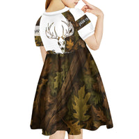 Custom Deer Hunting Skull Kid Short Sleeve Dress with Antlers Graphic on Autumn Leaf Camo Background - Wonder Print Shop