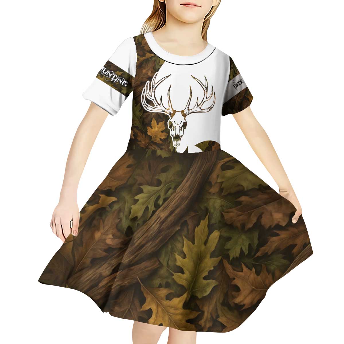 Custom Deer Hunting Skull Kid Short Sleeve Dress with Antlers Graphic on Autumn Leaf Camo Background - Wonder Print Shop