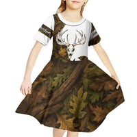 Custom Deer Hunting Skull Kid Short Sleeve Dress with Antlers Graphic on Autumn Leaf Camo Background - Wonder Print Shop