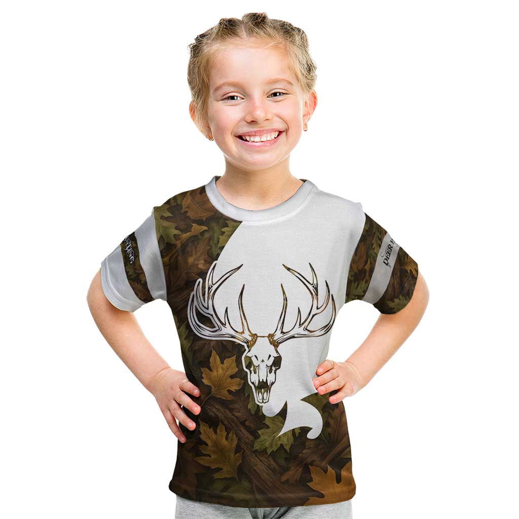 Custom Deer Hunting Skull Kid T Shirt with Antlers Graphic on Autumn Leaf Camo Background - Wonder Print Shop