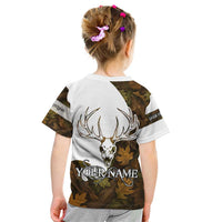 Custom Deer Hunting Skull Kid T Shirt with Antlers Graphic on Autumn Leaf Camo Background - Wonder Print Shop