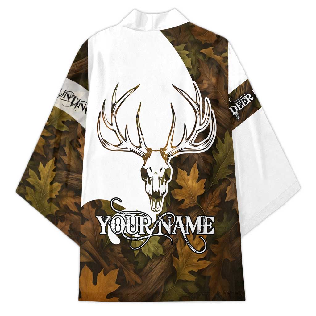 Custom Deer Hunting Skull Kimono with Antlers Graphic on Autumn Leaf Camo Background - Wonder Print Shop