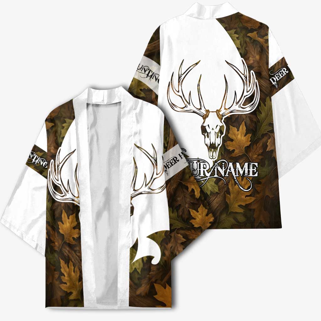 Custom Deer Hunting Skull Kimono with Antlers Graphic on Autumn Leaf Camo Background - Wonder Print Shop