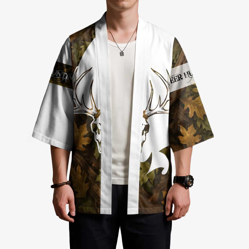 Custom Deer Hunting Skull Kimono with Antlers Graphic on Autumn Leaf Camo Background - Wonder Print Shop