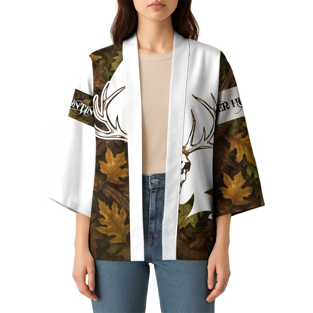 Custom Deer Hunting Skull Kimono with Antlers Graphic on Autumn Leaf Camo Background - Wonder Print Shop