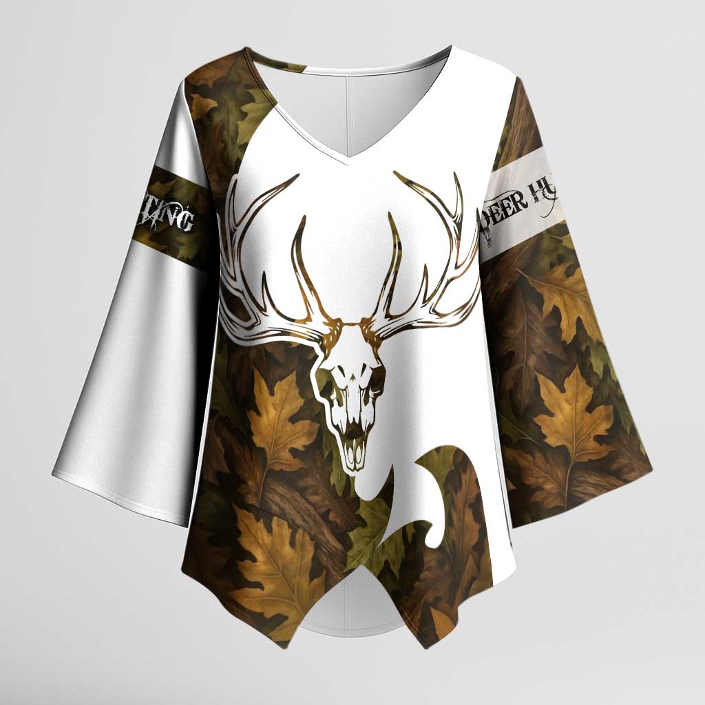 Custom Deer Hunting Skull Kimono Sleeve Blouse with Antlers Graphic on Autumn Leaf Camo Background - Wonder Print Shop