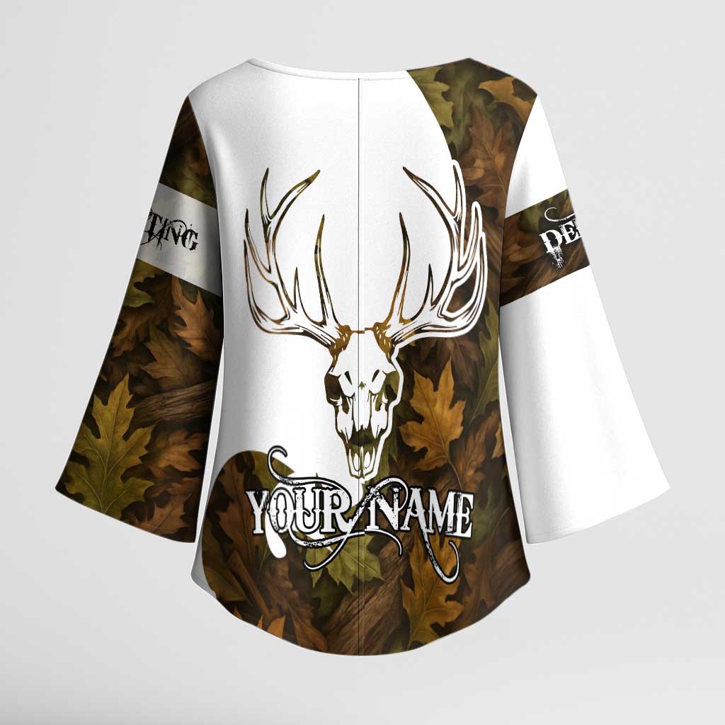 Custom Deer Hunting Skull Kimono Sleeve Blouse with Antlers Graphic on Autumn Leaf Camo Background - Wonder Print Shop