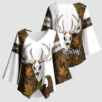 Custom Deer Hunting Skull Kimono Sleeve Blouse with Antlers Graphic on Autumn Leaf Camo Background - Wonder Print Shop