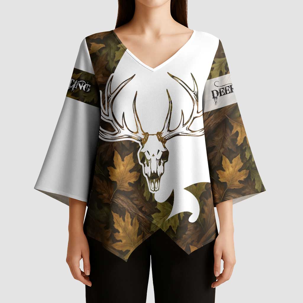Custom Deer Hunting Skull Kimono Sleeve Blouse with Antlers Graphic on Autumn Leaf Camo Background - Wonder Print Shop