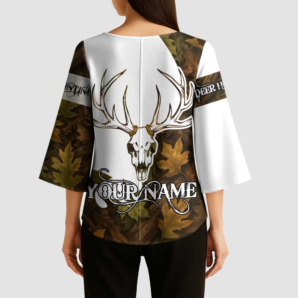Custom Deer Hunting Skull Kimono Sleeve Blouse with Antlers Graphic on Autumn Leaf Camo Background - Wonder Print Shop