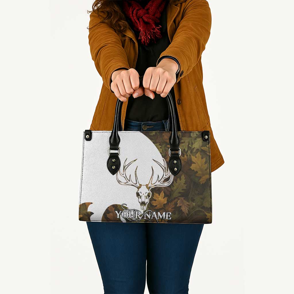 Custom Deer Hunting Skull Leather Bag with Antlers Graphic on Autumn Leaf Camo Background - Wonder Print Shop