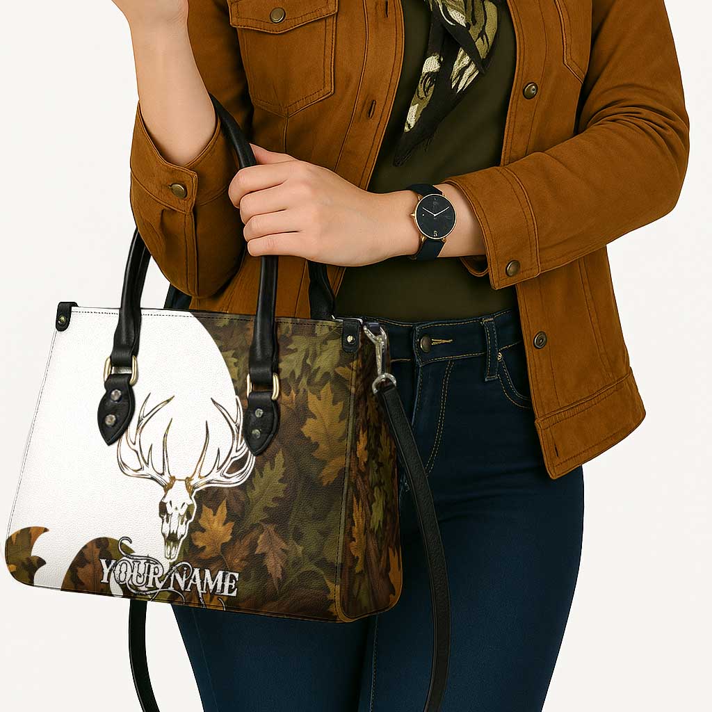 Custom Deer Hunting Skull Leather Bag with Antlers Graphic on Autumn Leaf Camo Background - Wonder Print Shop