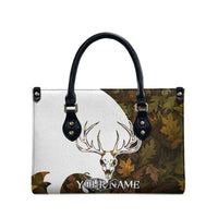 Custom Deer Hunting Skull Leather Bag with Antlers Graphic on Autumn Leaf Camo Background - Wonder Print Shop