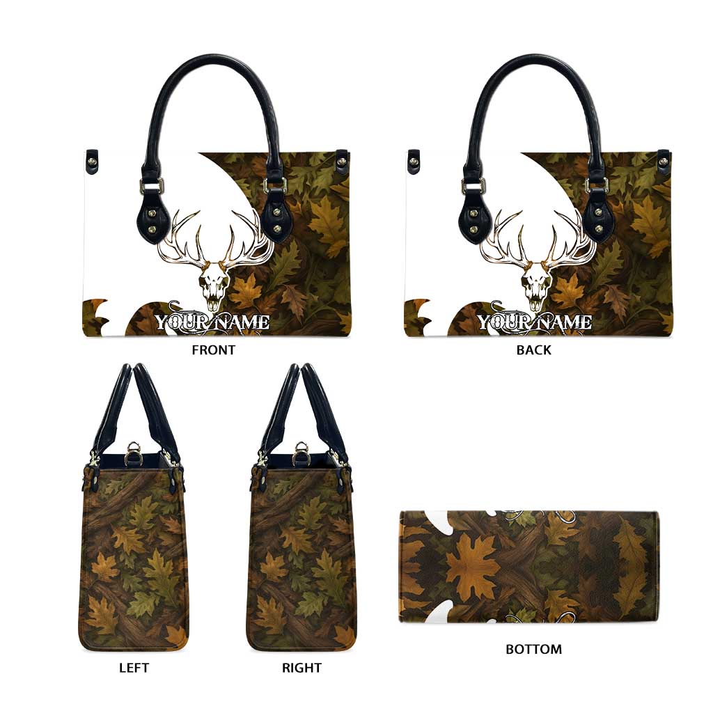 Custom Deer Hunting Skull Leather Bag with Antlers Graphic on Autumn Leaf Camo Background - Wonder Print Shop