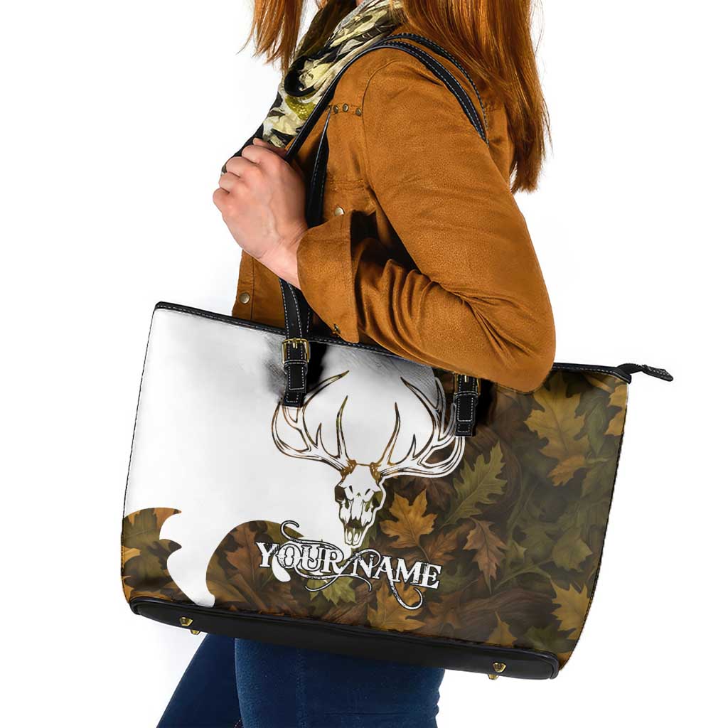 Custom Deer Hunting Skull Leather Tote Bag with Antlers Graphic on Autumn Leaf Camo Background - Wonder Print Shop