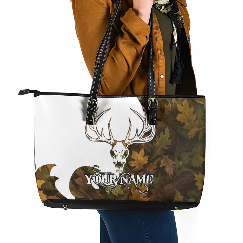 Custom Deer Hunting Skull Leather Tote Bag with Antlers Graphic on Autumn Leaf Camo Background - Wonder Print Shop