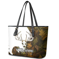 Custom Deer Hunting Skull Leather Tote Bag with Antlers Graphic on Autumn Leaf Camo Background - Wonder Print Shop
