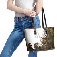Custom Deer Hunting Skull Leather Tote Bag with Antlers Graphic on Autumn Leaf Camo Background - Wonder Print Shop