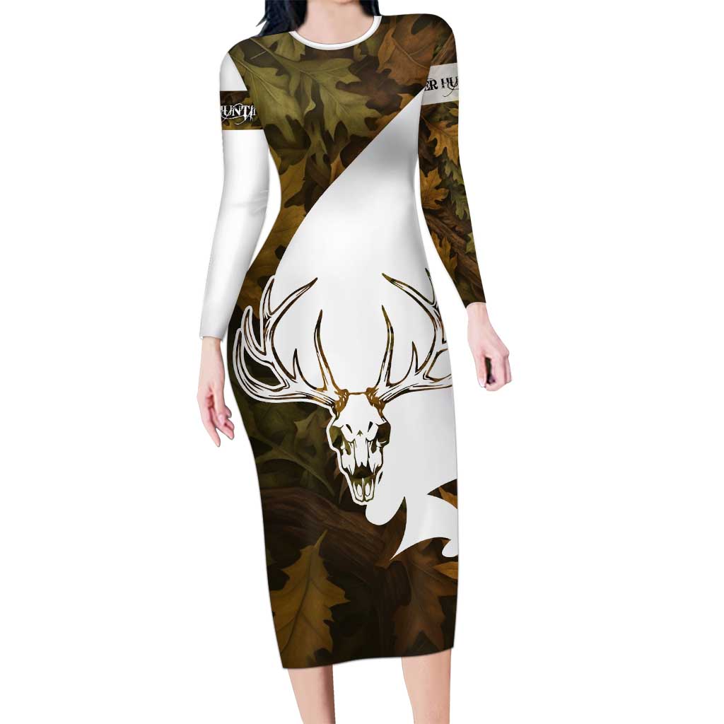 Custom Deer Hunting Skull Long Sleeve Bodycon Dress with Antlers Graphic on Autumn Leaf Camo Background - Wonder Print Shop