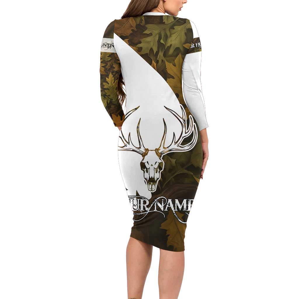 Custom Deer Hunting Skull Long Sleeve Bodycon Dress with Antlers Graphic on Autumn Leaf Camo Background - Wonder Print Shop